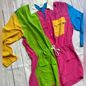 Lightweight Vintage Color block 3/4 Sleeve Silk Button Up Shirt Cinched Waist Sm